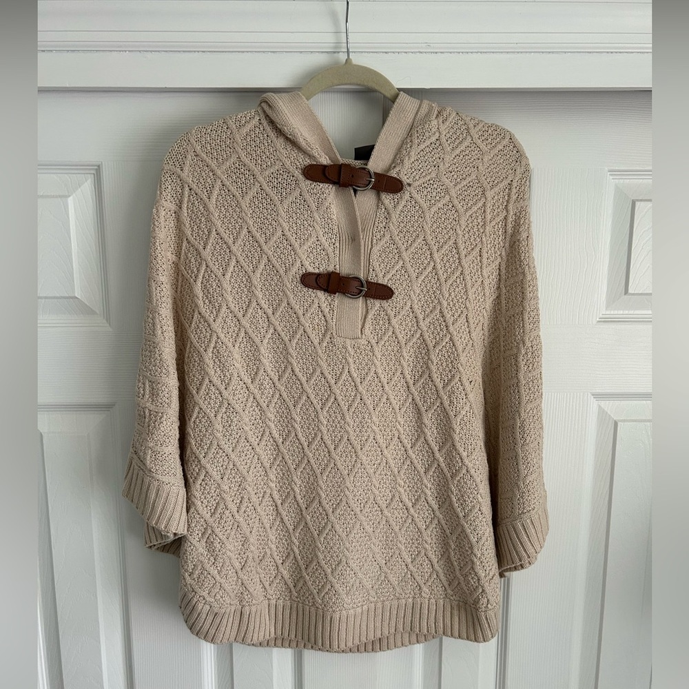 Suzy Shier Tan Knit Poncho with Buckle Accents